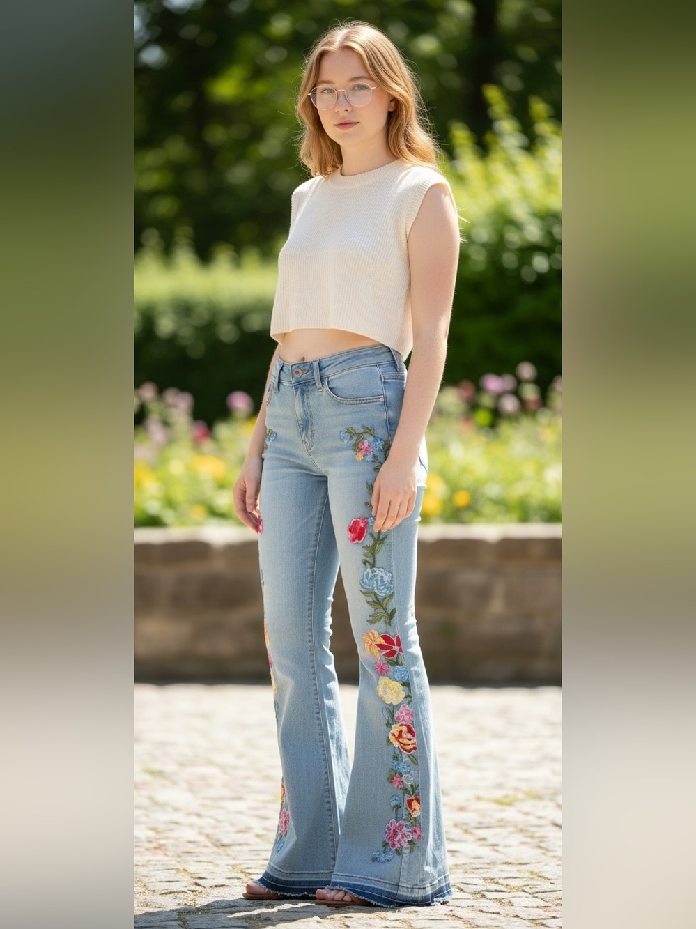 Chartou NWT XS Floral Embroidered Flare Jeans Light Wash Boho Bell Bottom